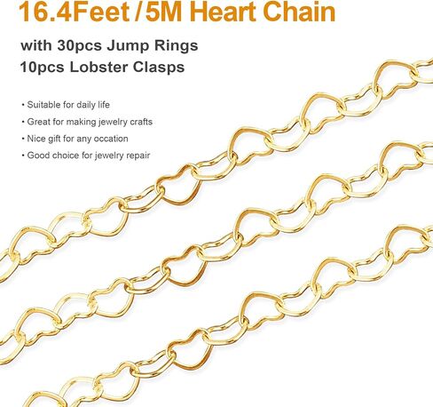 Kyutong 16.4 Feet Gold Filled Chains on Spool Hollow Heart Chain Roll Gold Plated Stainless Steel Jewelry Making Chain with Clasps for Handcraft Hat Chains DIY in Saudi Arabia