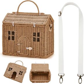 Wettarn Handmade Rattan Doll House Rattan House Shape Shoulder Bag Wicker Basket with Lid for Doll Toys Rattan Storage Basket Small Dollhouses Cute Woven Handcrafted Artwork Gift (Wood Color)