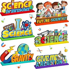 6 Pcs Science Party Decorations Science Theme Wooden Centerpieces Lab Table Sign for Chemistry Party Supplies Lab School Decorations