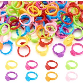 Pandahall 100pcs 14mm Inner Dia. Plastic Adjustable Colorful Rings Mix Color Plastic Acrylic Jewelry Rings with 9mm Blank Pad Tray Random for DIY Christmas Halloween Lovely Gift