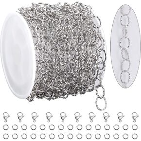 KYUNHOO Gold Plated Stainless Steel Chains Bulk Embossed Circle Chain Link Oval Cable Chain Roll Gold Jewelry Making Chain with Jump Rings and Lobster Clasps for Crafting