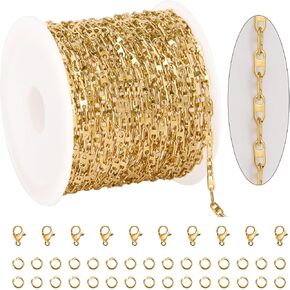 KYUNHOO Gold Plated Stainless Steel Chains Bulk Embossed Circle Chain Link Oval Cable Chain Roll Gold Jewelry Making Chain with Jump Rings and Lobster Clasps for Crafting
