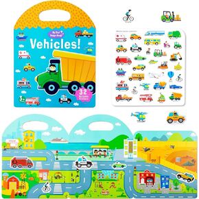Portable Jelly Quiet Busy Sticker Book, Vehicles Reusable Sticker Books for Kids, Toddler Sticker Activity Book Preschool Learning Activities Educational Toys for Girls Boys Age 3+ Birthday Gifts