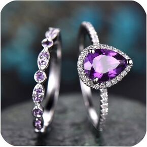 AZQ 925 Sterling Silver Shining Amethyst Ring Tear Drop Shape 3Ct Cubic Zirconia Promise Rings Set CZ Teardrop Halo Ring Eternity Engagement Wedding Band Ring Sets for Women