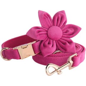Girl Dog Collar and Leash Set Rose Red Velvet Adjustable Collar with Removable Flower Bow Durable Soft Design for Big Dogs S