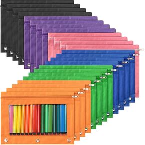 Marspark 48 Pieces 3 Ring Pencil Pouch Bag Bulk Zipper Pouches for 3 Ring Binder with Clear Window for Pencil Cases Office Supplies(Multicolor)