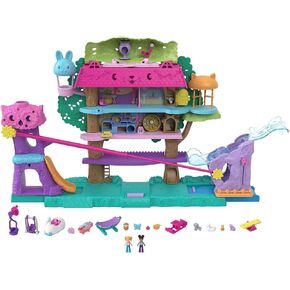 Polly Pocket Doll House مع اثنين من الدمى الصغيرة ، سيارة لعبة ، أثاث دمية و 4 حيوانات أليفة ، منزل مغامرات للحيوانات الأليفة القابلة للتوسيع