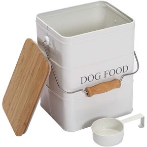 Dog treat and food storage tin with wooden lid and scoop included - white powder - carbon steel - dog food bin - pet food container storage canister