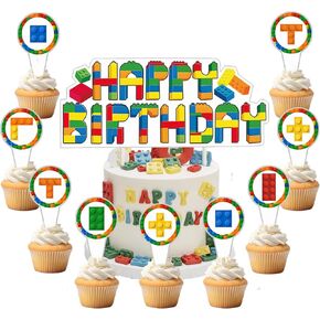 Building Bricks Cake Decor 31PCS Building Block Cake Toppers Cupcake Toppers Building Blocks Cake Decorations Building Blocks Birthday Party Decorations 1 Birthday Cake Toppper 30 Cupcake Toppers
