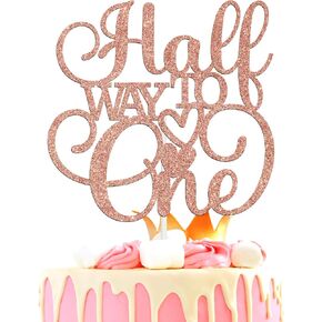 Half Way to One Cake Topper, Happy 6 Months Cake Decorations, Baby Boy Girl 1/2 Year Old Birthday Party Decorations Supplies, Rose Gold Glitter