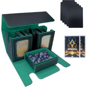 MTG Commander Card Storage Box - Fits 200 Double Sleeved Cards,3-in-1Card Deck Case,Strong Magnet Card Organizer For Magic Commander TCG CCG,4Dividers &3 Toploaders(Black&Green)
