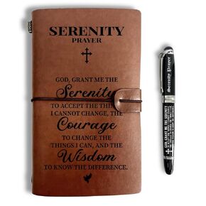 Serenity Prayer Leather Journal, Serenity Prayer Engraved Gift Pen, Roller Ballpen, God Grant Me The Serenity, Inspirational Christian Bible Gifts, Leather Notebook and Pen Gift, 160 Pages Notebook