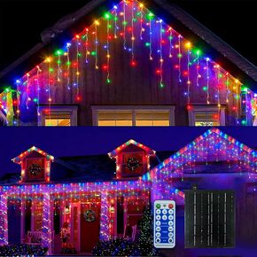 300 LED Christmas Icicle Lights Outdoor, 8-Mode Solar Icicle Lights Led Fairy Curtain Lights for Wedding Party Holiday Christmas Decorations(Multicolor)