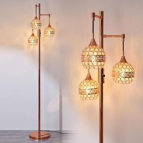 Dimmable Crystal Floor Lamp 3-Light Industrial Floor Lamp for Farmhouse Rose Gold Tree Lamp Standing Lamp with 3 Elegant Crystal lampshades for Living Room Bedroom (Rose Gold)