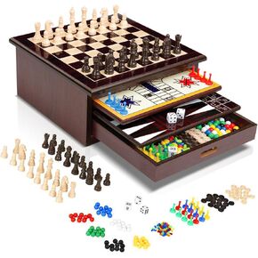 Bundaloo 10-in-1 Classic Wooden Board Game Set – Chess, Checkers, Backgammon, and More – Premium Multi-Game Collection with Built-in Storage (10 in 1)