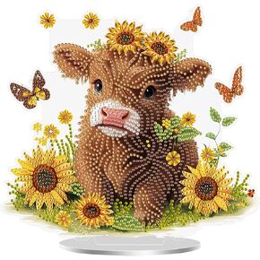 MEIYUDA Cow Diamond Painting Desktop Ornament, DIY Cute Cow Diamonds Art Kits for Adults, Sunflowers Stand Up Diamonds Art Tabletop Kit, Special Shape Rhinestone Ornament for Home Decor 8.68x9.36in