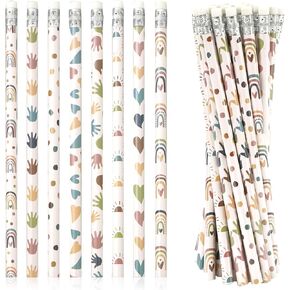 Whaline 48Pcs Boho Pencils with Erasers Colorful Rainbow Heart Hand Print Writing Pencil Back to School Wood Pencils for Christmas School Company Office Stationery Gift