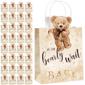 Tinlade 16 PCS Teddy Bear Baby Shower Facs Paper Party Bass with Handles يمكننا أن ننتظر زخارف استحمام الطفل استحمام الطفل.