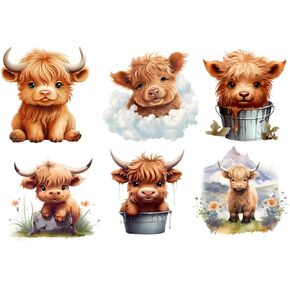 6 Piece 6"x6" Cute Baby Highland Cows 100% Cotton Fabric Panel Squares | Quilting Panel Blocks MP101