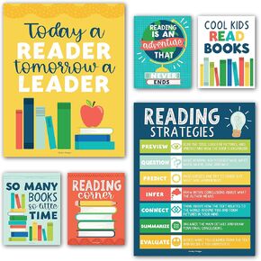 Hadley Designs 6 Motivational Reading Strategies Posters – Classroom and Library Decorations for Elementary School, Reading Corner and Literacy Wall Art – Colorful Classroom Decor