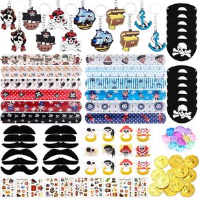 Pirate Party Favors - 96PCS Supplies with Gold Coins, Gems, Keychains, Bracelets, Eye Patches & Mustache Tattoos for Birthday Party Goodie Bags