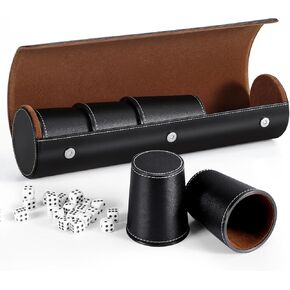Leather Dice Cup Set, 5 Black Leather Dice Cups + 25 Dice + Exclusive Storage and Transport Case Made of Faux Leather