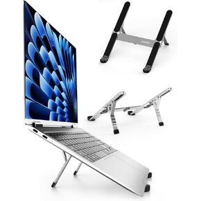 Foldable Laptop Stand for Travel, Aluminum Stable Ergonomic Laptop Riser with 6-Levels Height Adjustment, Fits with MacBook Air, MacBook Pro, iPad, HP, Dell, Lenovo (Up to 15.6'')-Sliver