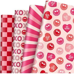 JarThenaAMCS 8 Sheets Valentine's Day Wrapping Paper -Not Roll- Smile Face Conversation Heart Gift Wrap Paper Folded Flat Pink Craft Paper for Party Supplies, 19.7 x 27.6 Inch