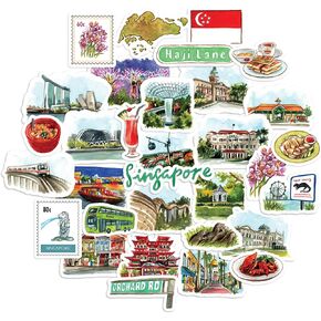 Navy Peony Sunny Singapore Travel Stickers (32pcs) - Watercolor, Waterproof, Country Themed Vacation Decals for Journals, Scrapbooks, Water Bottles