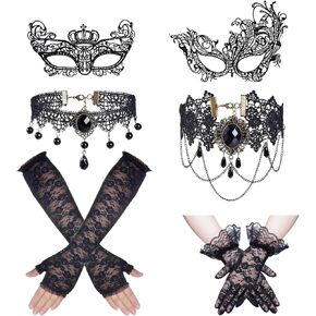 6 Pcs Halloween Masquerade Costumes Set Black Lace Gloves Lace Mask Eyemask Choker Necklace for Halloween Valentines Day Dress Up Party