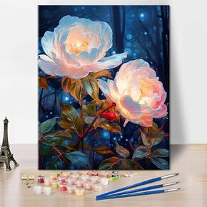 زهور Tumovo الطلاء بالأرقام من الفاوانيا البيضاء وطلاء الغابات الليلي بأرقام أرقام اللوحة الزيتية DIY للمبتدئين للبالغين ، والطلاء حسب عدد الطلاء الكبار من أدوات ديكور المنزل ، 16 × 20 بوصة in Kuwait