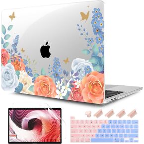 TwoL Crystal Clear Hard Shell Cover and Keyboard Skin and Screen Protector Compatible with New MacBook Pro 13 A2251 A2289 A2338 M1,Begonia Floral