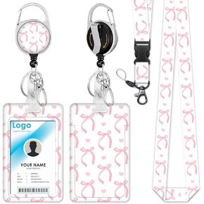 Lanyards for Id Badges for Women Cute Pink Bow Badge Reel ID Badge Holder Retractable Clip Aesthetic Office Accessories Supplies