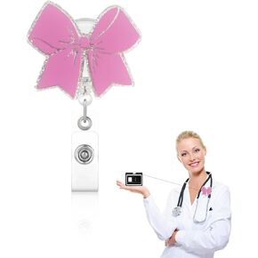 Cute Pink Bow Badge Reel - Badge Reels Retractable ID Holder with Alligator Clip Accessories for Medical Assistant,Nurse,Nursing Student and Teacher
