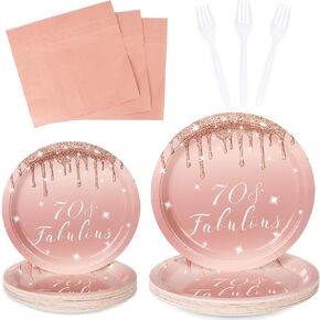 DECORLIFE 96 Pcs 70th Birthday Decorations for Women, Rose Gold 70th Birthday Plates and Napkins Party Supplies Serves 24, Forks Included