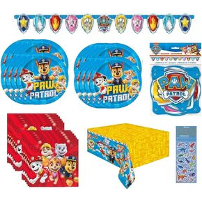 Paw Patrol Party Supplies Bundle Pack includes 16 Lunch Plates, 16 Lunch Napkins, 1 Table Cover, 1 Party Banner (Bundle for 16)