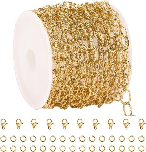 KYUNHOO Gold Plated Stainless Steel Chains Bulk Embossed Circle Chain Link Oval Cable Chain Roll Gold Jewelry Making Chain with Jump Rings and Lobster Clasps for Crafting in Kuwait