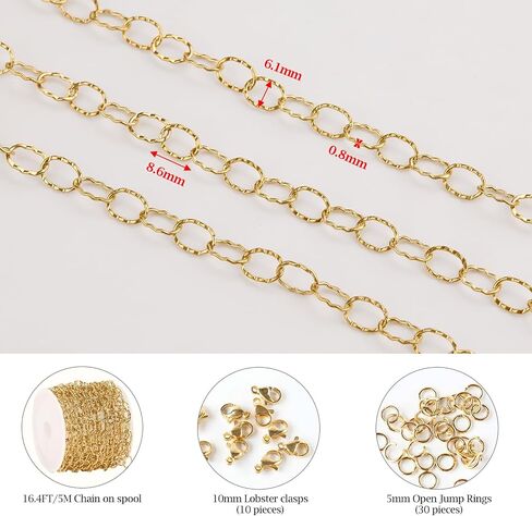 KYUNHOO Gold Plated Stainless Steel Chains Bulk Embossed Circle Chain Link Oval Cable Chain Roll Gold Jewelry Making Chain with Jump Rings and Lobster Clasps for Crafting in Kuwait