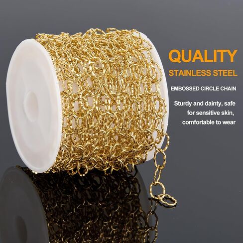 KYUNHOO Gold Plated Stainless Steel Chains Bulk Embossed Circle Chain Link Oval Cable Chain Roll Gold Jewelry Making Chain with Jump Rings and Lobster Clasps for Crafting in Kuwait