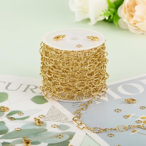 KYUNHOO Gold Plated Stainless Steel Chains Bulk Embossed Circle Chain Link Oval Cable Chain Roll Gold Jewelry Making Chain with Jump Rings and Lobster Clasps for Crafting in Kuwait