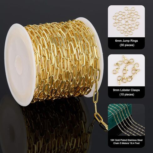UMAOKANG 16.4 Feet 18K Gold Plated Chains Bulk Stainless Steel Oval Chain for Jewelry Making with Lobster Clasps Jump Rings in Kuwait