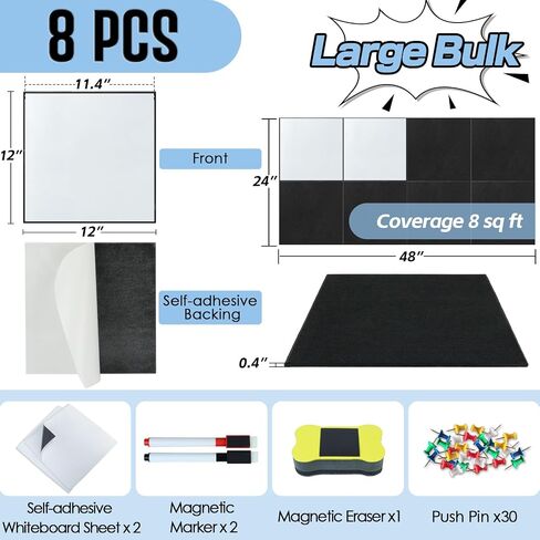 BXI FORT BULLETIN BOARD مع دبابيس ومحفزات جافة مغناطيسية محو أبيض ، 8 أجهزة كمبيوتر 12 × 12 × 3/8 بوصة البلاط غير اللصق ذاتيا ، ألواح ملاحظة للديكور مكتب التعليم المدرسي المنزلي in Kuwait