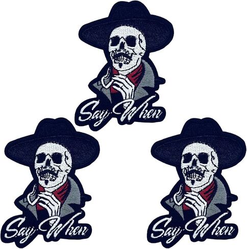 3Pcs Say When Skeleton Skull Tombstone Quote Logo Iron On Sew On Embroidered Patch(Additional 1Pcs Eye on Love Heart Patch) for Jackets Backpacks Jeans and Clothes in Saudi Arabia