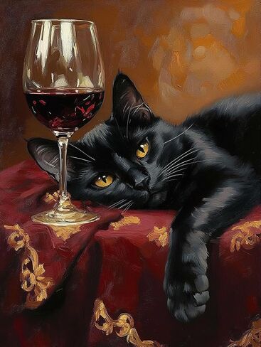 HLYSKXKBEC Cat and Wine Diamond Painting Kits for Adults Beginners, Diamond Art Cat DIY Diamond Art Paint with Round Diamonds Full Drill Art Painting Kit for Home Wall Decor Gifts 12x16inch in Saudi Arabia