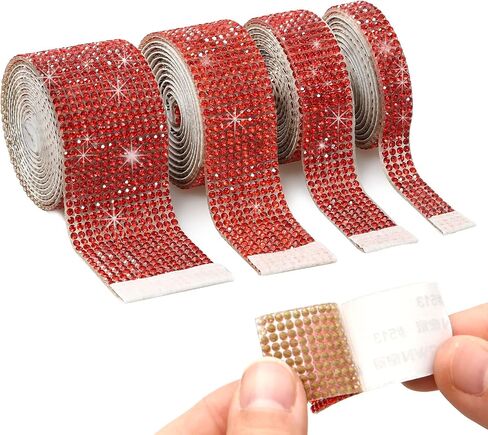 4 Rolls Red Self Adhesive Rhinestone Diamond Crystal Gem Ribbon Sticker,Bling DIY Decorative Sticker with 2 mm Rhinestones for Crafts Arts,Phone Car and Home Decoration (Red, 4 Yards) in Kuwait