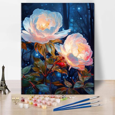 زهور Tumovo الطلاء بالأرقام من الفاوانيا البيضاء وطلاء الغابات الليلي بأرقام أرقام اللوحة الزيتية DIY للمبتدئين للبالغين ، والطلاء حسب عدد الطلاء الكبار من أدوات ديكور المنزل ، 16 × 20 بوصة in Kuwait