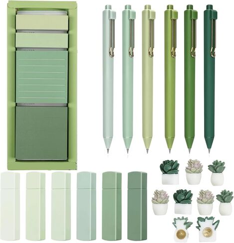 Aesthetic Stationery Set of 4,including 6 Mini Correction Tapes 6 Retractable Black Ink Pens 0.5mm Fine Point Paper Corrective Pen 6 Succulent Push Pins Self Stick Index Tabs(Green) in Saudi Arabia