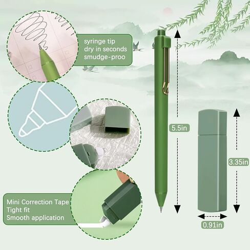 Aesthetic Stationery Set of 4,including 6 Mini Correction Tapes 6 Retractable Black Ink Pens 0.5mm Fine Point Paper Corrective Pen 6 Succulent Push Pins Self Stick Index Tabs(Green) in Saudi Arabia