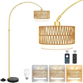 Rattan Floor Lamp for Living Room Arc Boho Floor Lamp with Rattan & Linen Double Shades Adjustable Tall Wicker Lamps with 3 Color Temperatures for Bedroom Office Reading,Gold