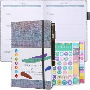Toplive Undated Weekly Planner 2025 with Planner Stickers, Cute PU Leather Glitter Planner, A5 Agenda Journal with Goals & Habit Tracker, ADHD Planner Organizer, Glitter Silver